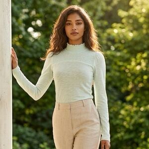 NWT Free People Caroline Mock Neck Top Womens Small Green Long Sleeve iced Aqua